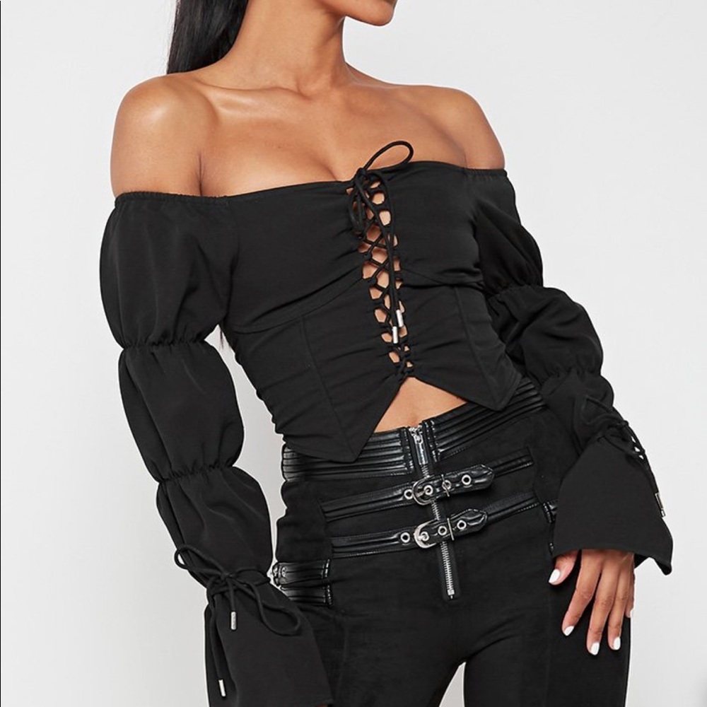 Maniere De Voir - Lace up puff sleeve crop top